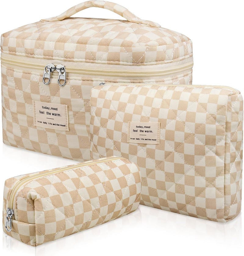 Gosect 3pc Makeup Bag Set, Quilted Makeup Bag Set, Large Floral Cosmetic Bag for Women, Cute Cotton Makeup Bags, Flower Travel Toiletry Organizer Bag (Checkered) - Image 1